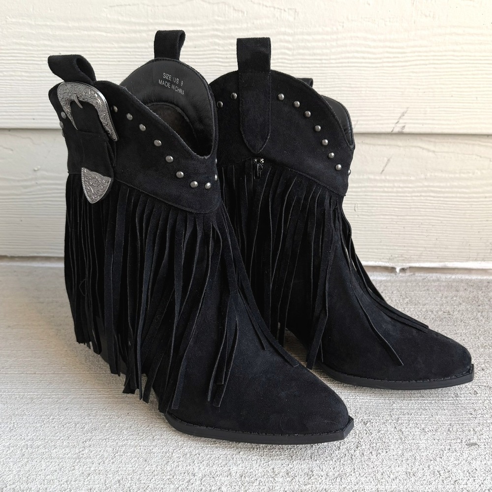Size 9 Womens Ankle Boots Black Fringe Western Studded Buckle Pointed Toe